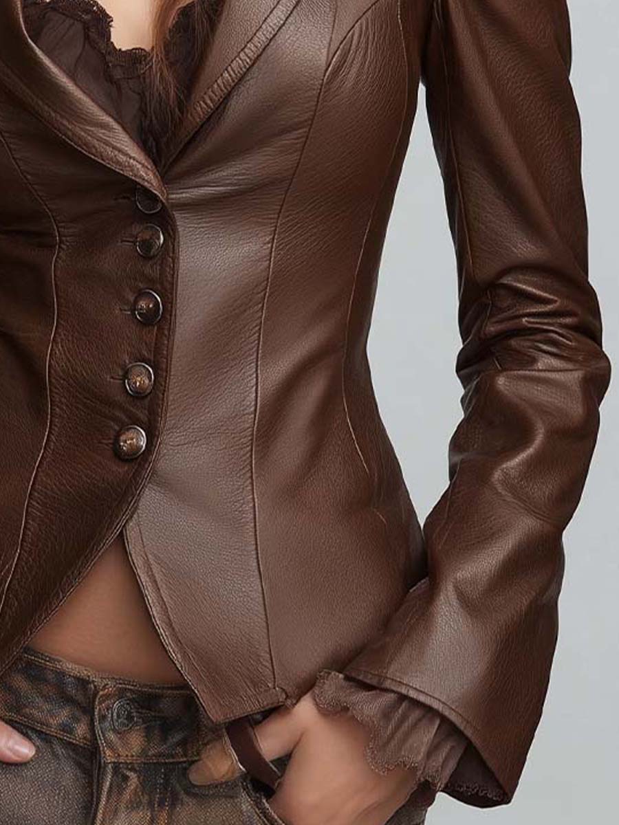 Vintage Brown PU Leather Puff Shoulder Blazer