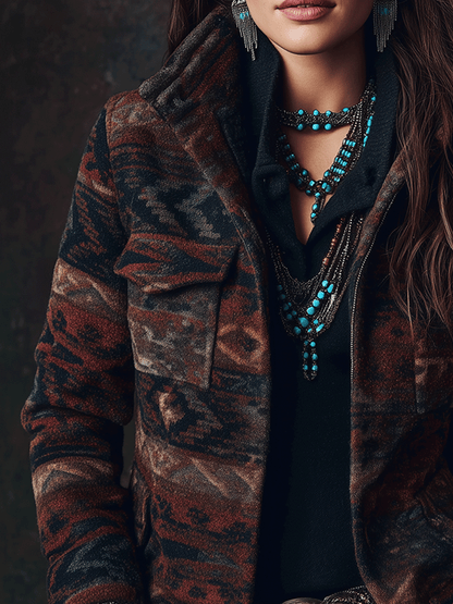 Retro Boho Geometric Print Cargo Wool Short Jacket