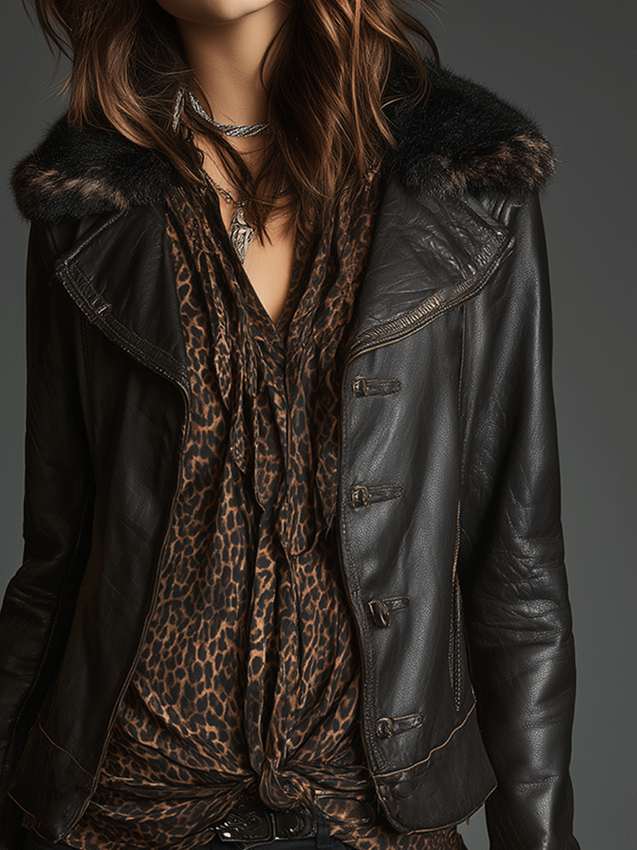 Retro Chic Black Leather Faux Fur Trim Jacket