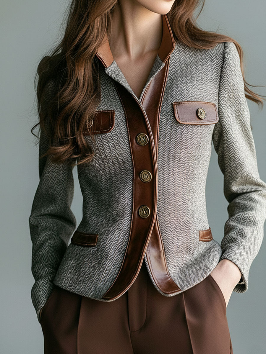 Vintage Herringbone Tailored Blazer With Eco Leather Trim