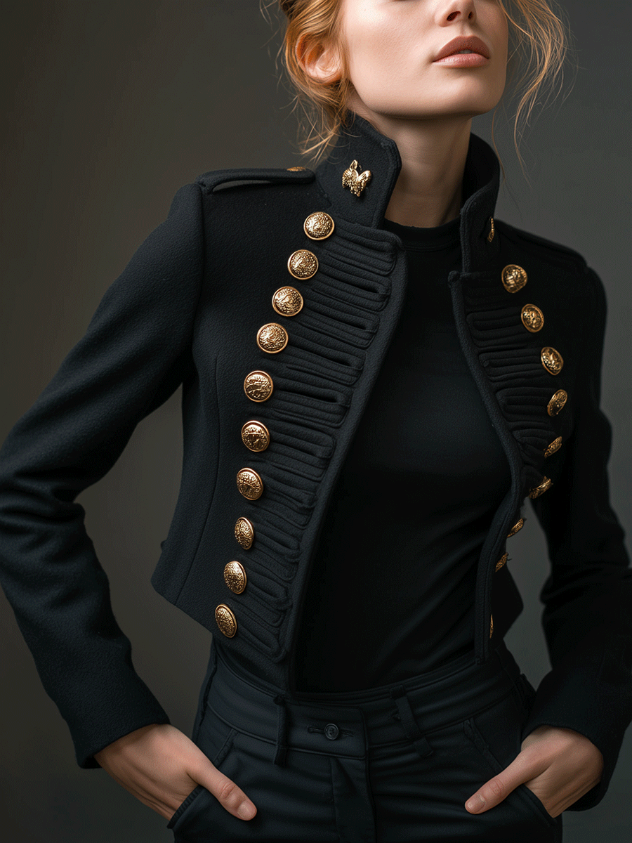 Vintage-Inspired Black Double Rows Of Gold Buttons Short Fit Jacket