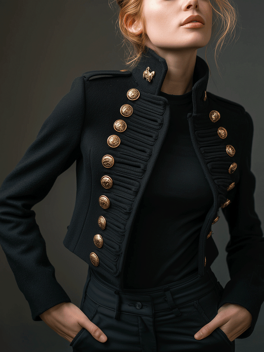 Vintage-Inspired Black Double Rows Of Gold Buttons Short Fit Jacket