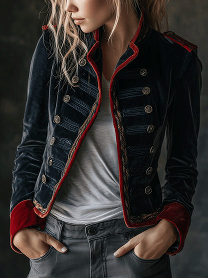 Retro Chic Velvet Military Style Double-Breasted Jacket