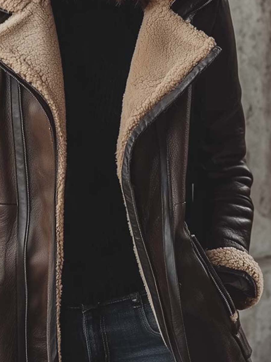 Chocolate Faux Shearling-Lined Hooded Eco-Leather Coat