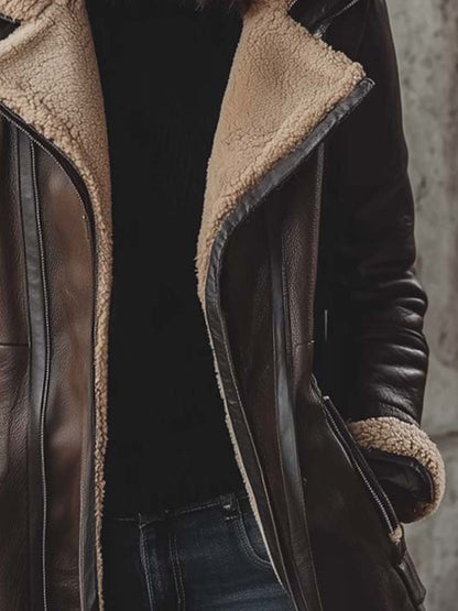 Chocolate Faux Shearling-Lined Hooded Eco-Leather Coat