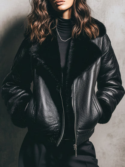 Black Eco Leather Shearling Moto Jacket With Zipper