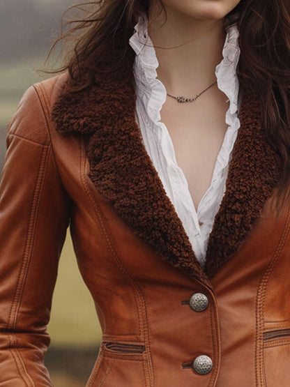 Vintage Shearling-Trim Fitted Leather Blazer