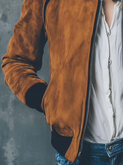 Vintage Caramel Suede Bomber Jacket With Contrast Trim