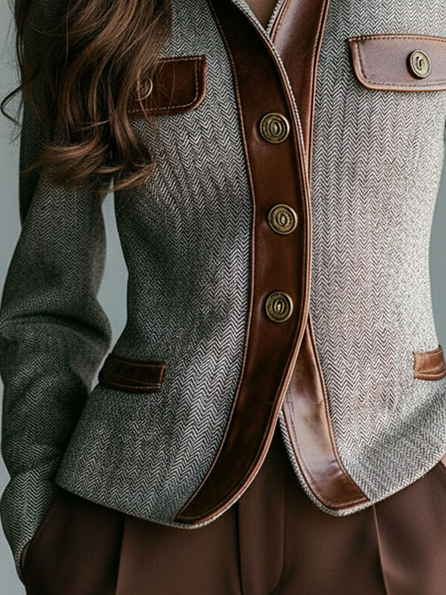 Vintage Herringbone Tailored Blazer With Eco Leather Trim