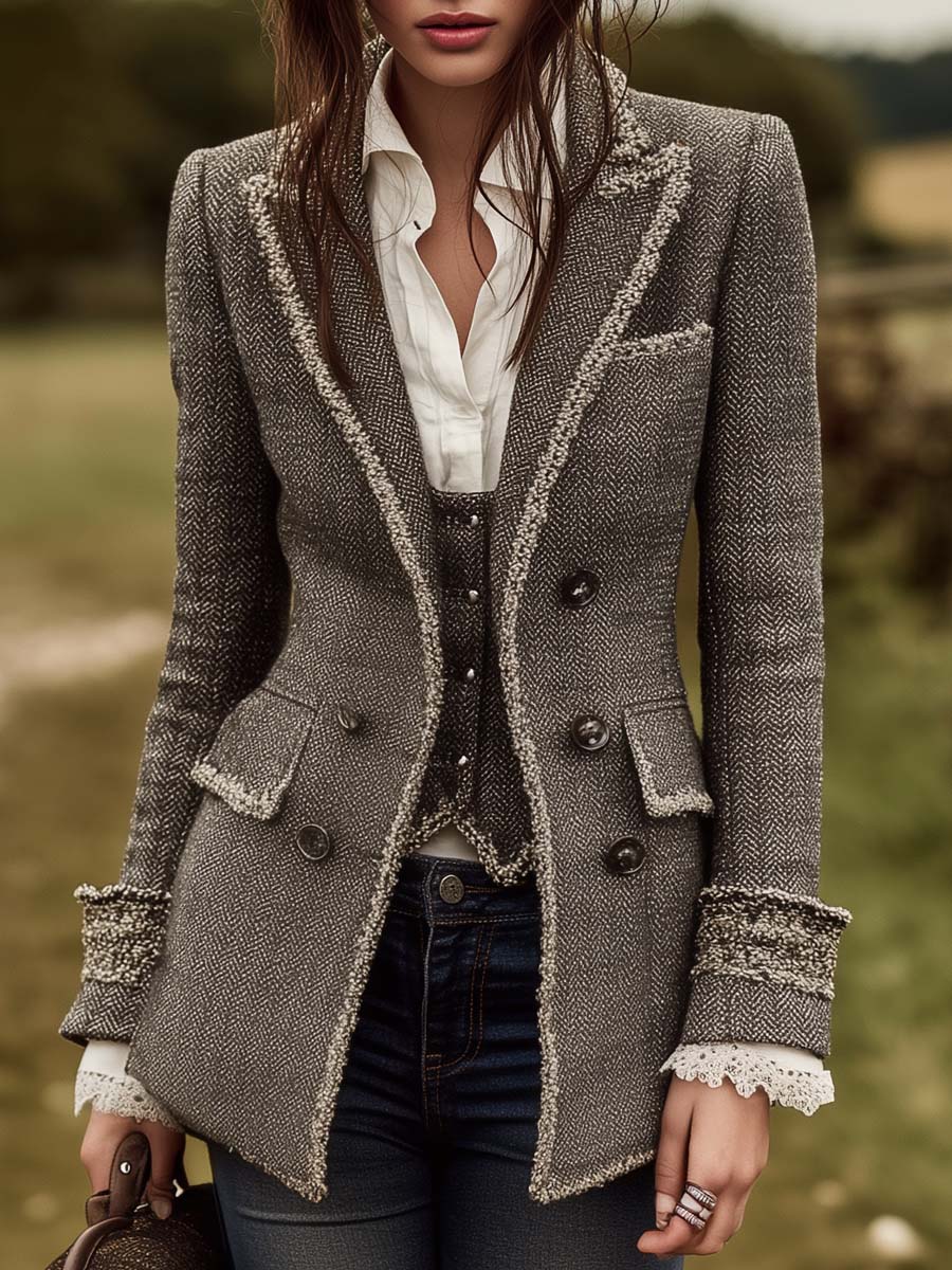 Herringbone Tweed Blazer With Contrast Trim