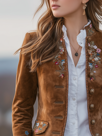 Vintage Stand-up Collar Embroidered Eco-suede Jacket
