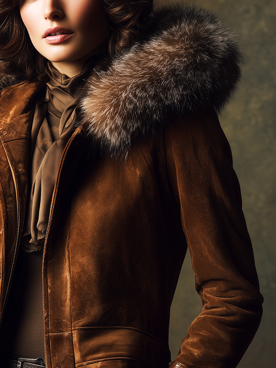 Retro Brown Suede Luxe Fur Hood Jacket