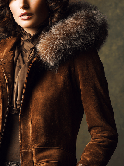Retro Brown Suede Luxe Fur Hood Jacket