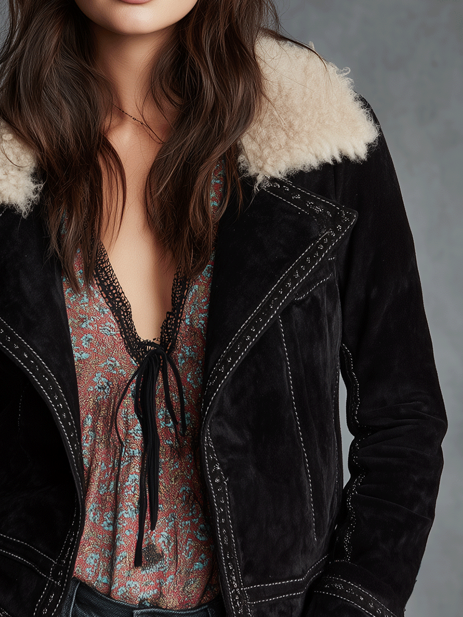 Retro Black Shearling Collar Short Warm Jacket