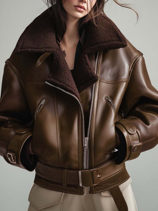 Vegan Eco-Leather Aviator Jacket With Shearling Lining