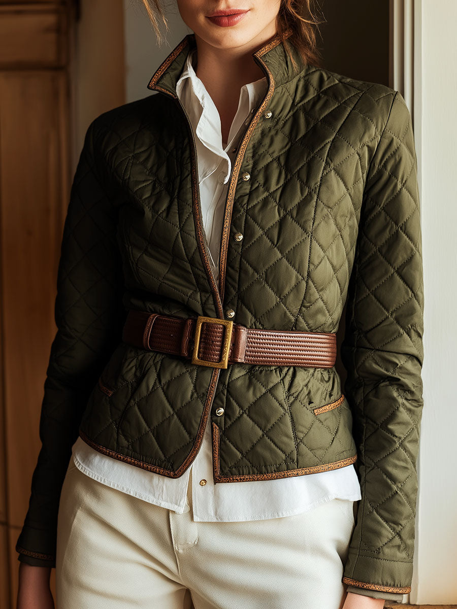 Olive Green Puffer Quilted Belted Jacket With Contrast Trim