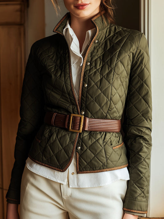 Olive Green Puffer Quilted Belted Jacket With Contrast Trim