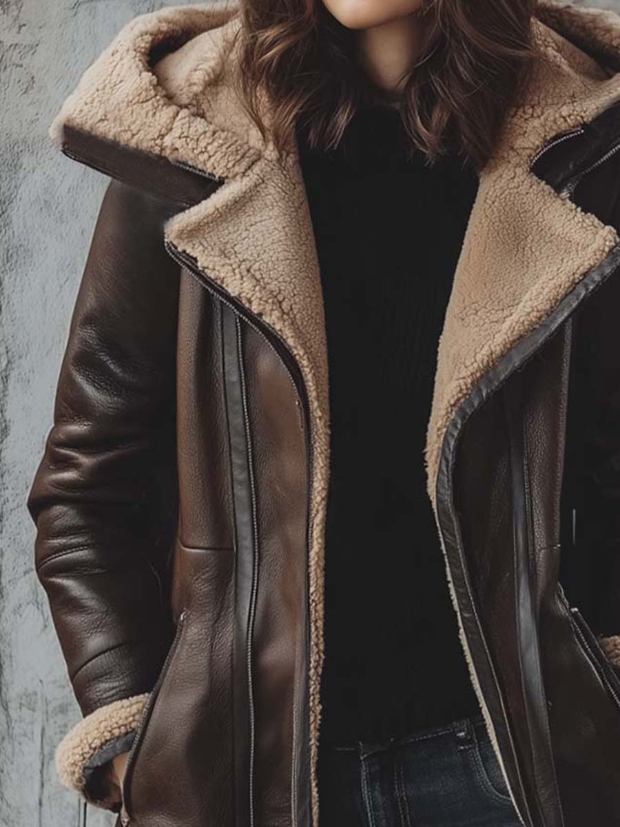 Chocolate Faux Shearling-Lined Hooded Eco-Leather Coat