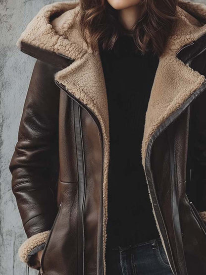 Chocolate Faux Shearling-Lined Hooded Eco-Leather Coat