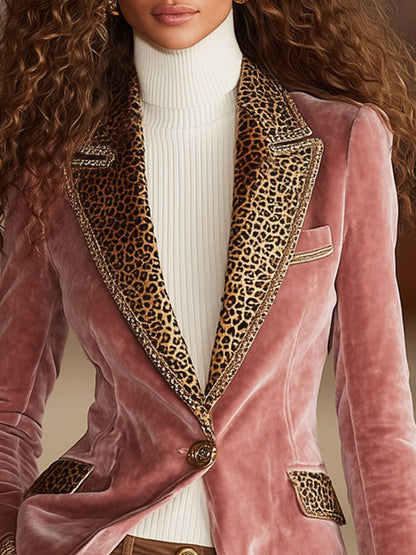 Pink Velvet Stitching Leopard Print One Button Blazer