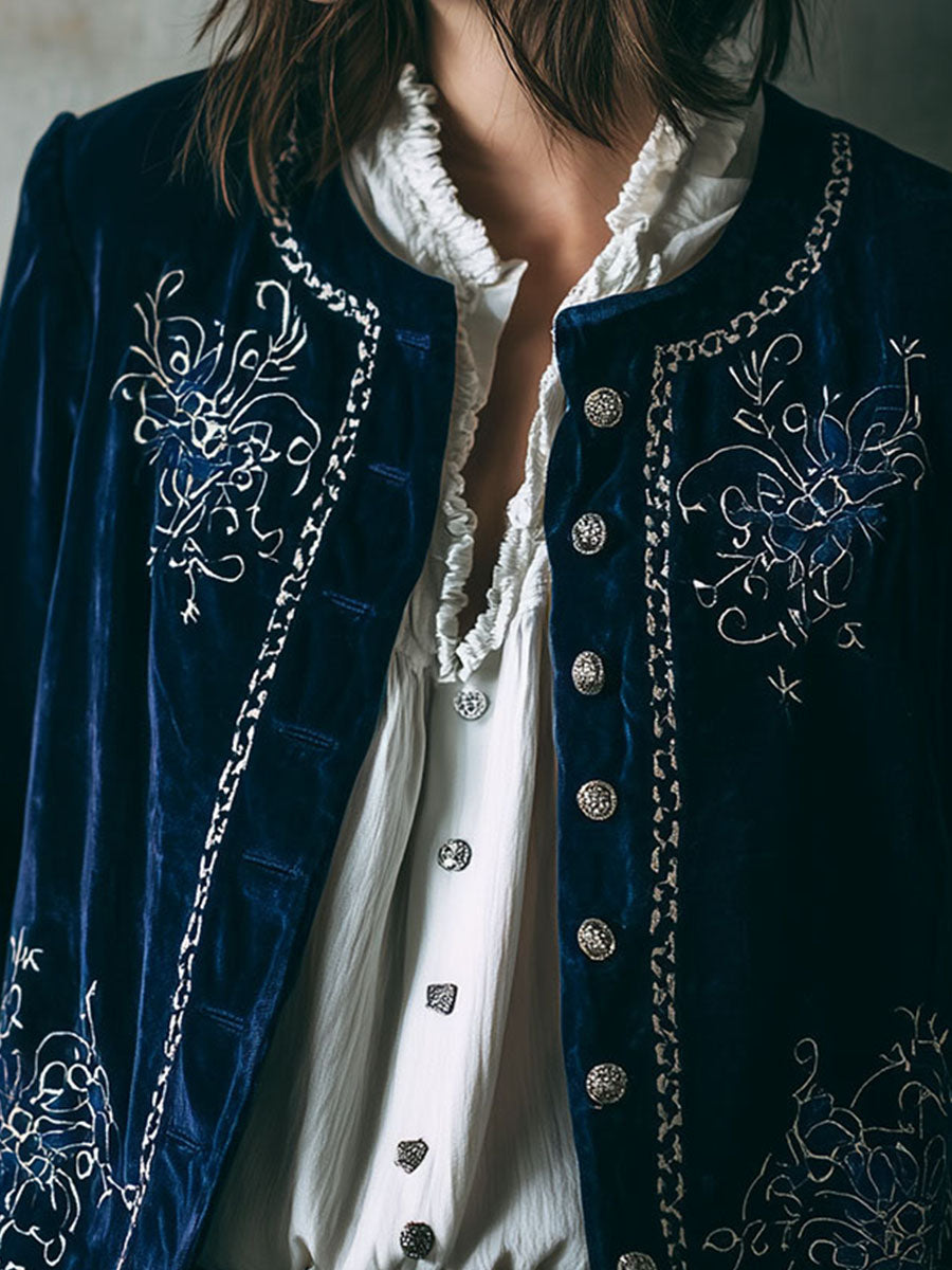 Vintage Button Front Navy Velvet Embroidered Jacket
