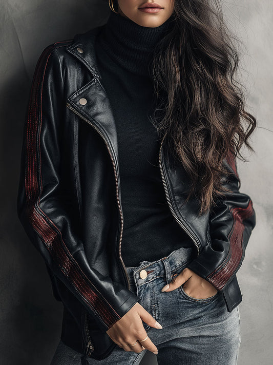 Asymmetric Zipper Black Eco Leather Moto Biker Jacket With Burgundy Stripes
