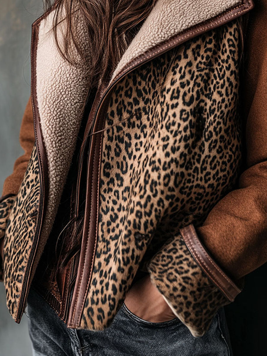Brown Microsuede Leopard Print Shearling Jacket With Leather Trim