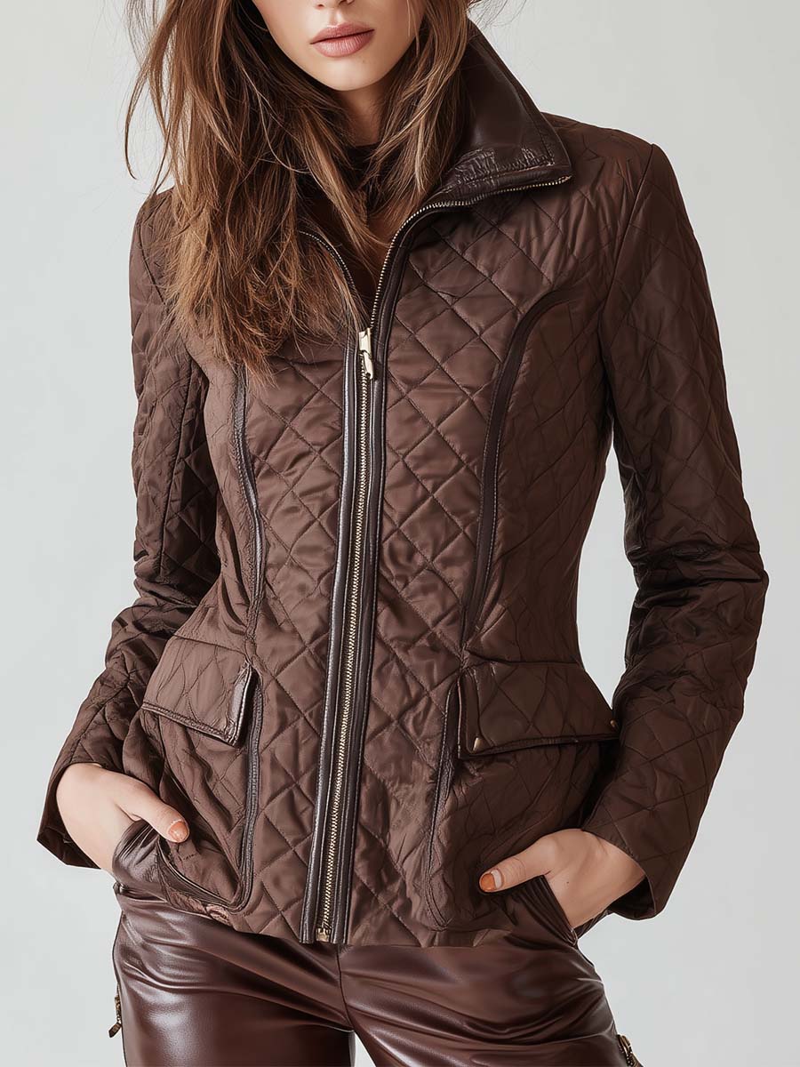 Vintage Brown Quilted Zip-Up Jacket