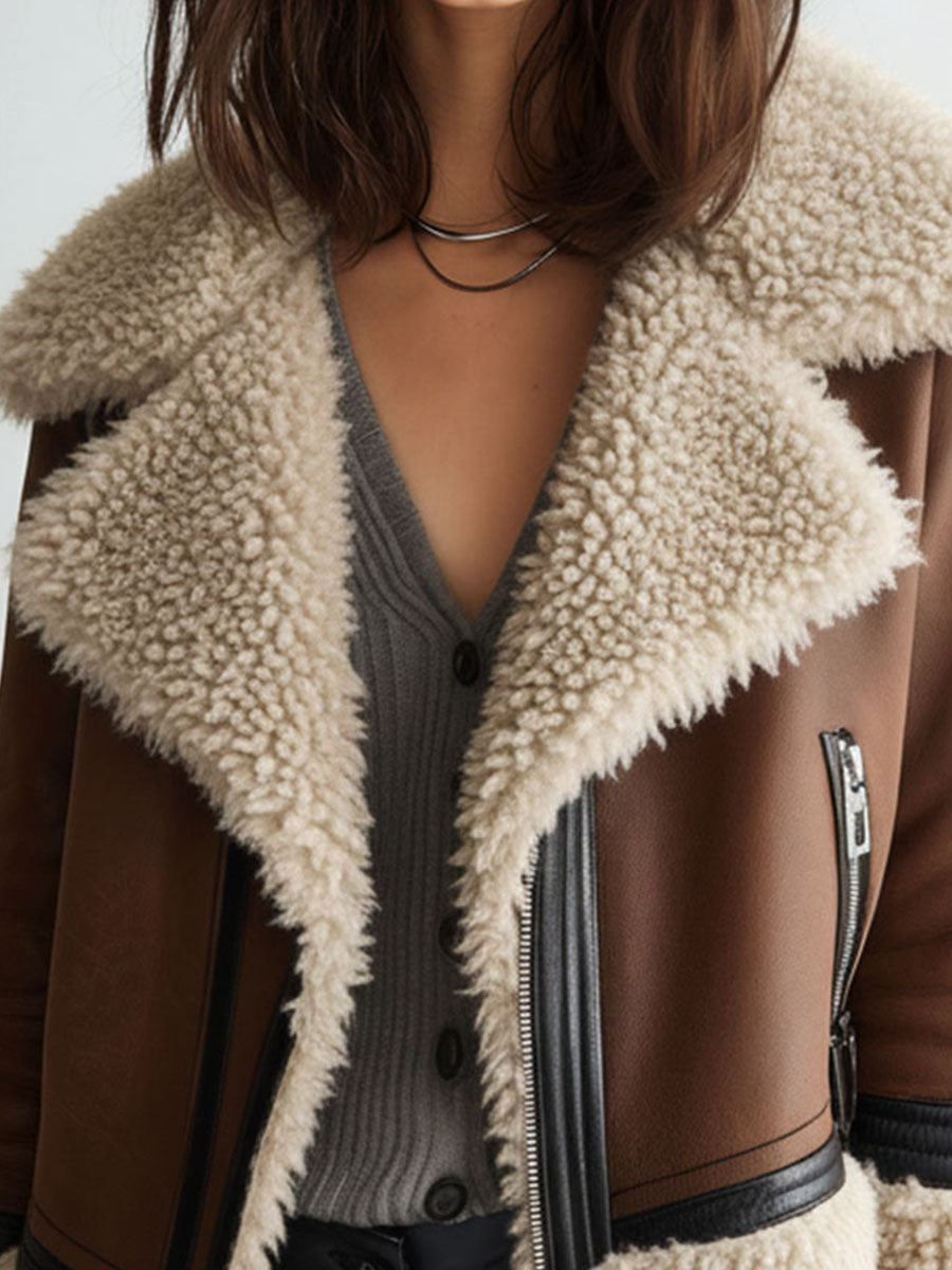 Vintage Brown Eco Leather Shearling Biker Jacket