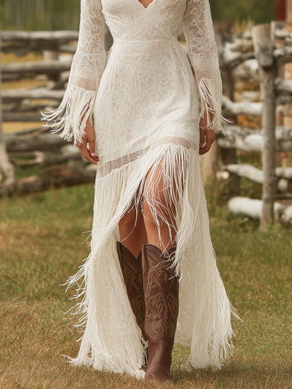 Retro White Lace V-neck Long Sleeve Tassel Short Front And Long Back Skirt Maxi Dress
