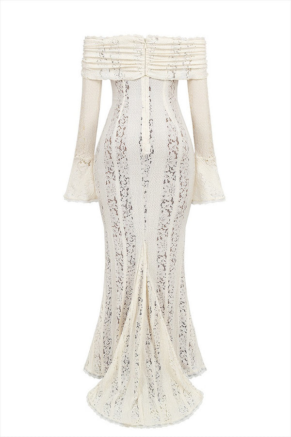 Leila® | Off Shoulder Floral Lace Flared Sleeve Fishtail Maxi Dress - White