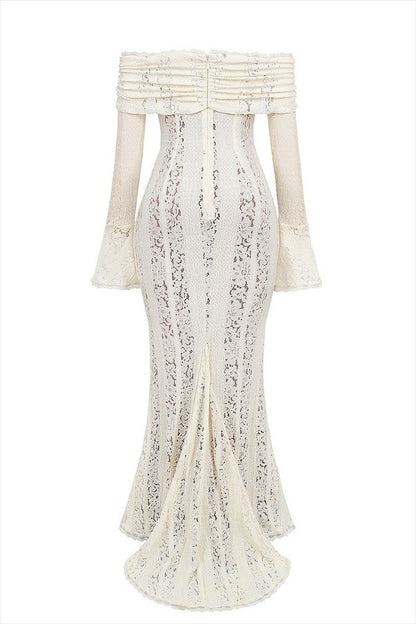 Leila® | Off Shoulder Floral Lace Flared Sleeve Fishtail Maxi Dress - White