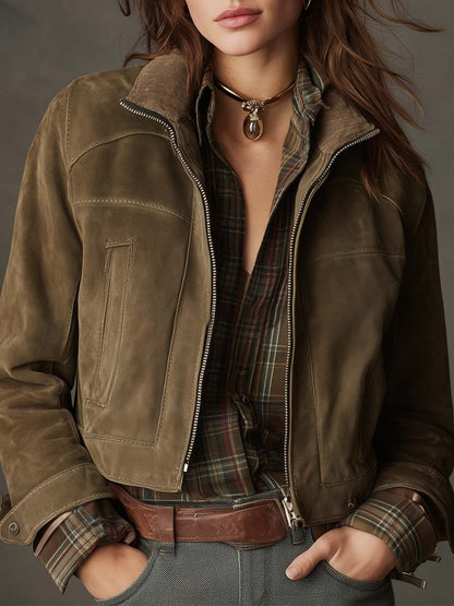 Vintage Olive Suede Cropped Jacket