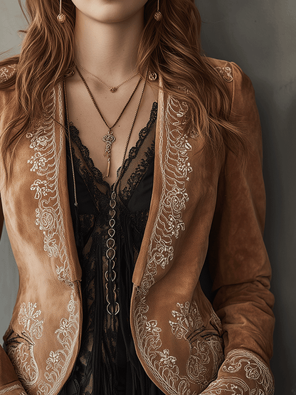 Boho Chic Caramel Embroidered Velvet Jacket
