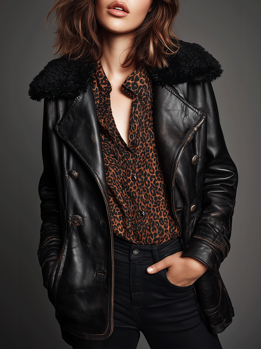 Retro Black Leather Shearling Faux Fur Collar Jacket