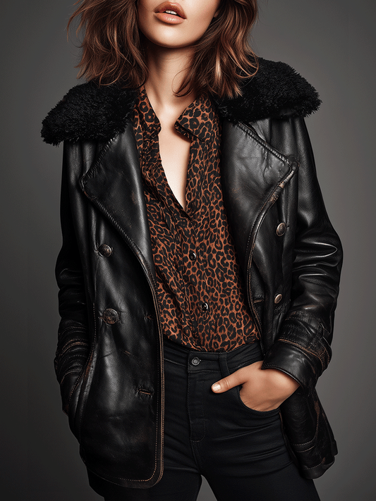 Retro Black Leather Shearling Faux Fur Collar Jacket