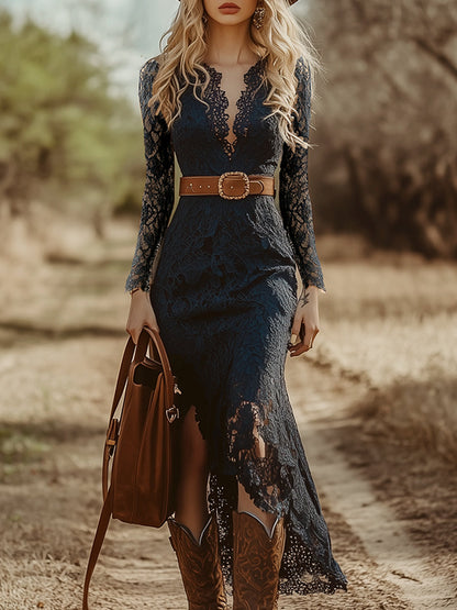Vintage Bohemian Blue Lace Long Sleeve Midi Dress