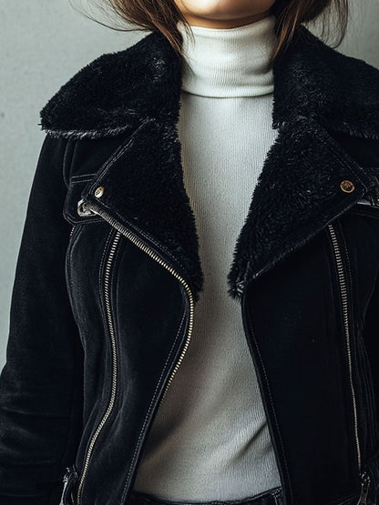 Chic Black Eco Shearling Lining Microsuede Moto Jacket