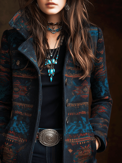 Retro Southwestern Geometric Print Wool Jacket