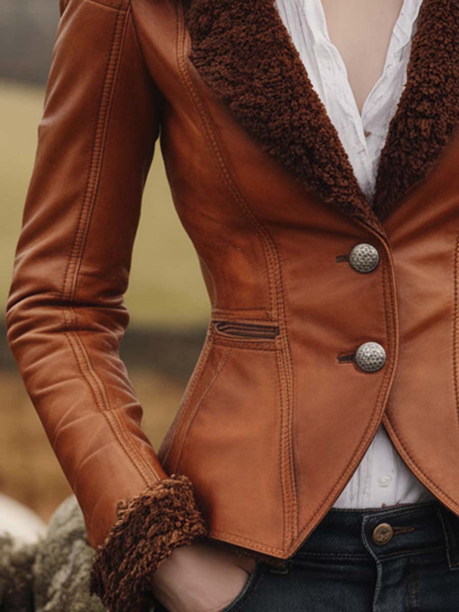 Vintage Shearling-Trim Fitted Leather Blazer