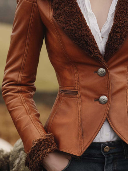 Vintage Shearling-Trim Fitted Leather Blazer