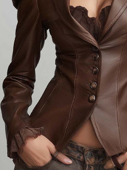 Vintage Brown PU Leather Puff Shoulder Blazer