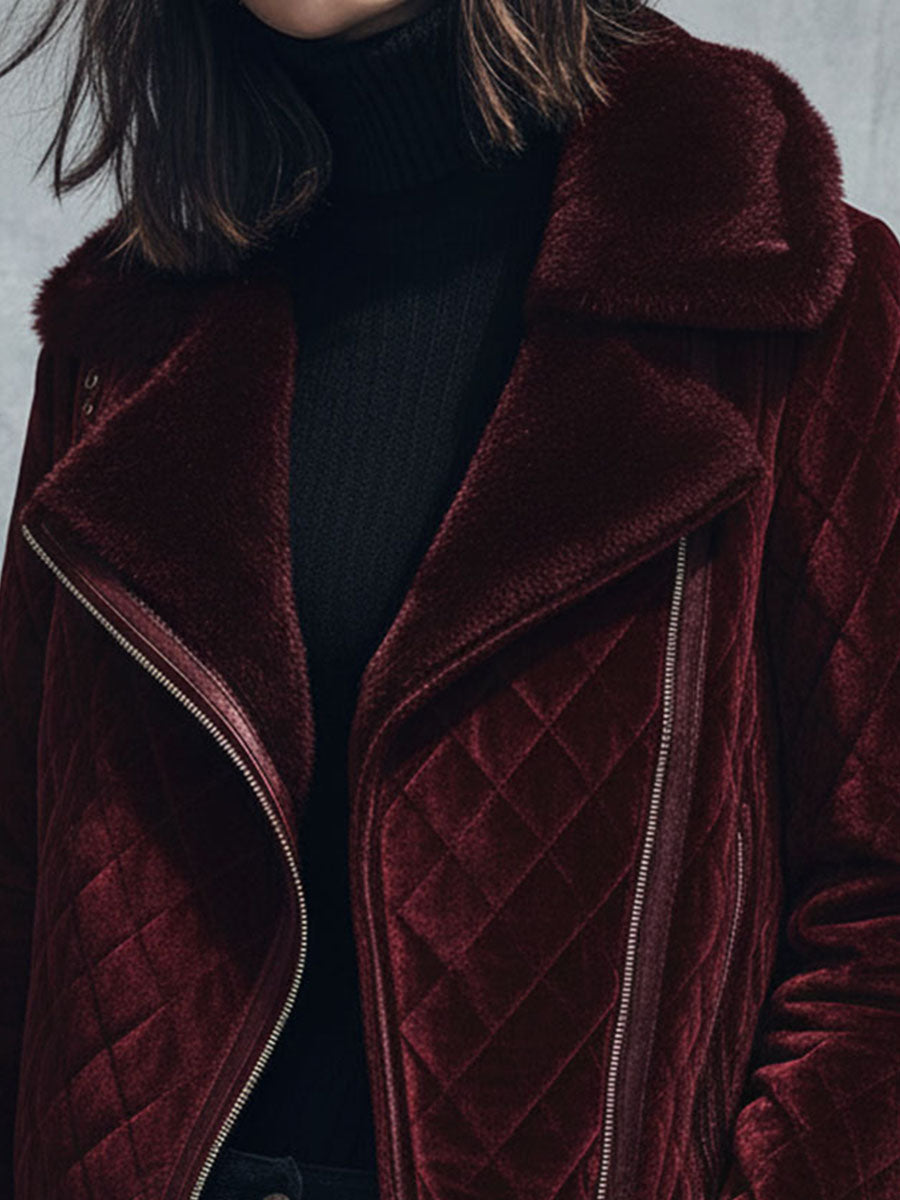 Asymmetrical Zipper Burgundy Quilted Velvet Moto Jacket With Shearling Collar