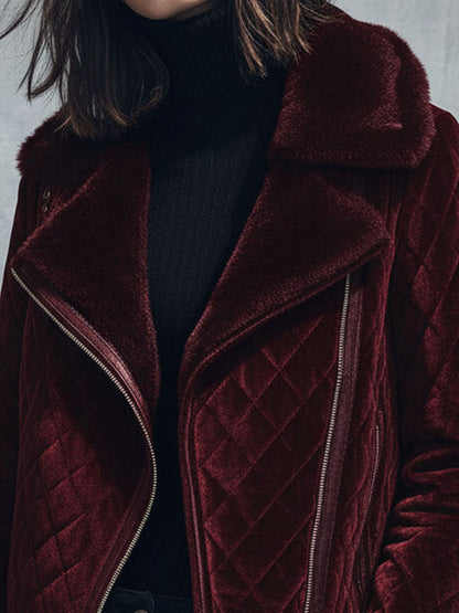 Asymmetrical Zipper Burgundy Quilted Velvet Moto Jacket With Shearling Collar