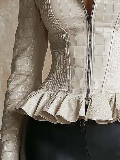 Eco Leather Croc-Embossed Peplum Jacket – Ivory