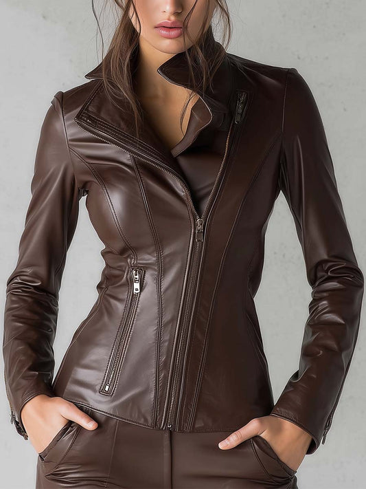 Vintage Brown PU Leather Moto Jacket