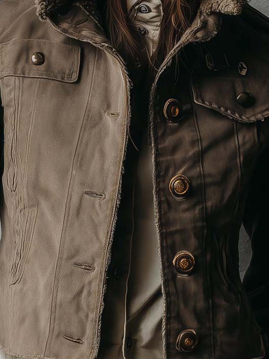 Vintage Military-Inspired Cropped Jacket With Shearling Collar