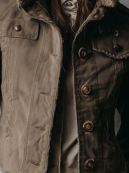 Vintage Military-Inspired Cropped Jacket With Shearling Collar