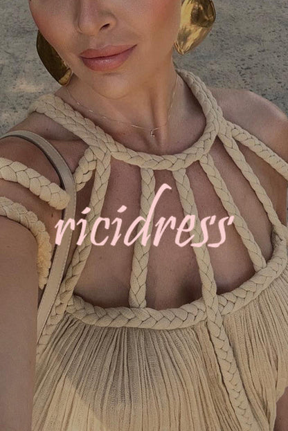 Modern and Sophisticated Linen Blend Draped Braids Cover Up Maxi Dress