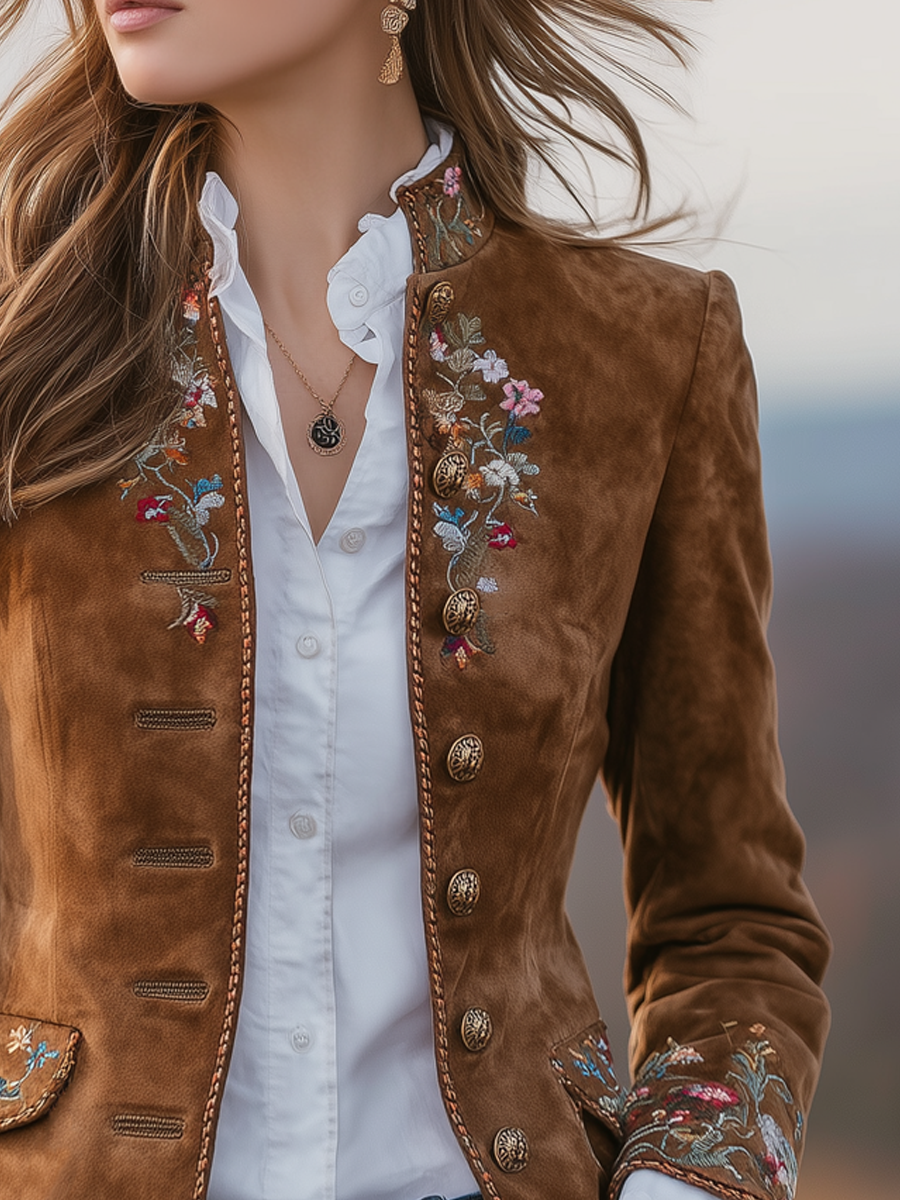 Vintage Stand-up Collar Embroidered Eco-suede Jacket